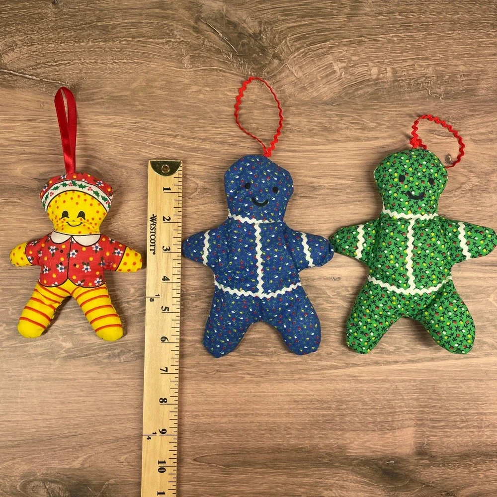Vtg Handmade Plush Christmas Holiday Gingerbread Man Ornament Dolls Set of 3